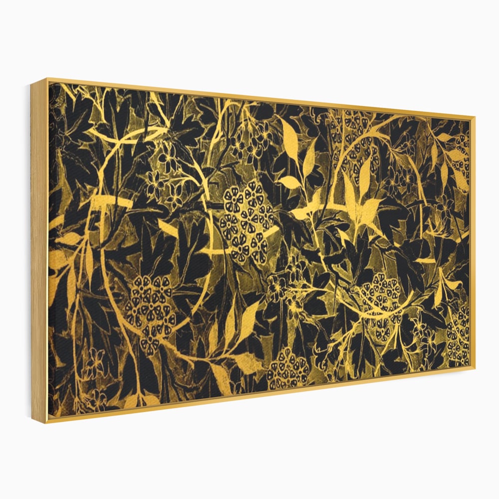 Tablou canvas cu model floral auriu pe fond negru, in rama de aluminiu auriu
